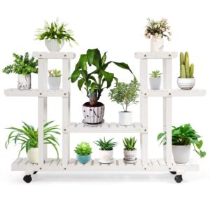 s afstar wooden flower rack with wheels, 4-tier plant stand, multifunctional bonsai display shelf for living room balcony patio yard (white)
