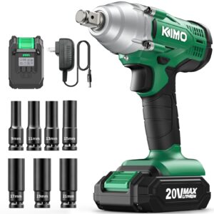 kimo 20v cordless impact wrench 1/2 inch, 2832in-lbs & high torque 3400 ipm, impact gun w/battery ＆ charger, 7 pcs impact driver sockets, electric impact drill set w/variable speed for car tires