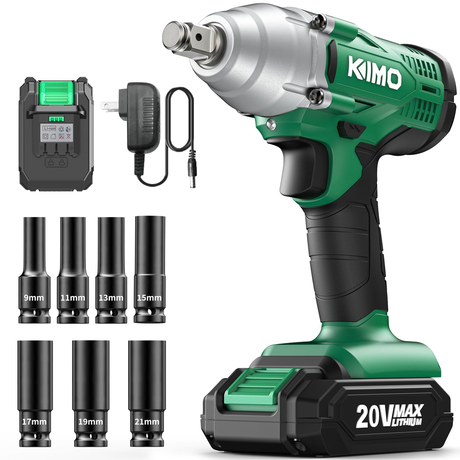 KIMO 20V Cordless Impact Wrench 1/2 inch, 2832In-Lbs & High Torque 3400 IPM, Impact Gun w/Battery ＆ Charger, 7 Pcs Impact Driver Sockets, Electric Impact Drill Set w/Variable Speed for Car Tires