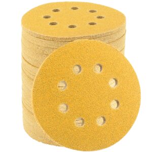 5 inch gold sanding discs, 80 grit sandpaper 8 hole sanding disc hook and loop round orbital sander sandpaper for wood,100 pack