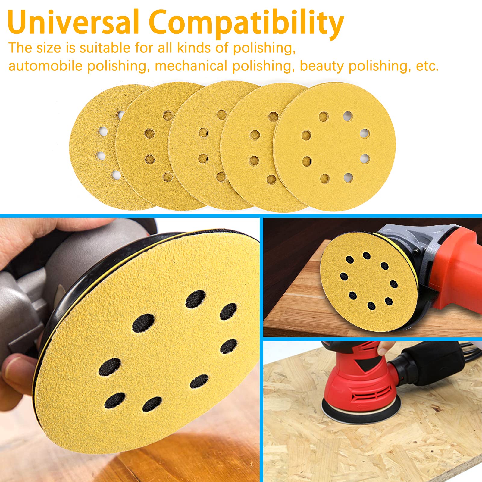 5 Inch Gold Sanding Discs, 80 Grit Sandpaper 8 Hole Sanding Disc Hook and Loop Round Orbital Sander Sandpaper for Wood,100 Pack