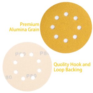 5 Inch Gold Sanding Discs, 80 Grit Sandpaper 8 Hole Sanding Disc Hook and Loop Round Orbital Sander Sandpaper for Wood,100 Pack