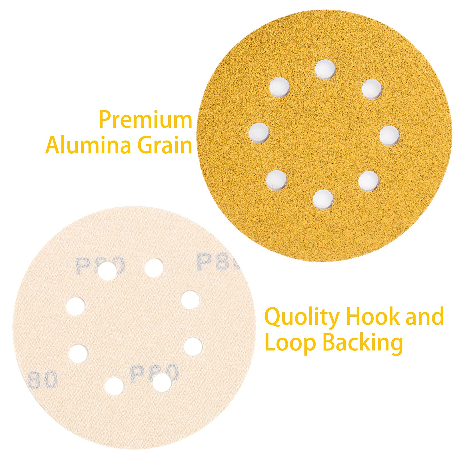 5 Inch Gold Sanding Discs, 80 Grit Sandpaper 8 Hole Sanding Disc Hook and Loop Round Orbital Sander Sandpaper for Wood,100 Pack