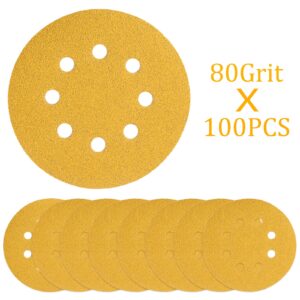 5 Inch Gold Sanding Discs, 80 Grit Sandpaper 8 Hole Sanding Disc Hook and Loop Round Orbital Sander Sandpaper for Wood,100 Pack