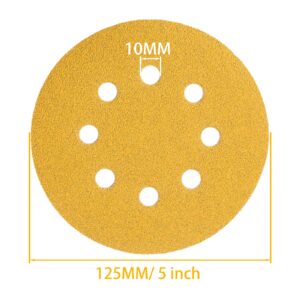 5 Inch Gold Sanding Discs, 80 Grit Sandpaper 8 Hole Sanding Disc Hook and Loop Round Orbital Sander Sandpaper for Wood,100 Pack
