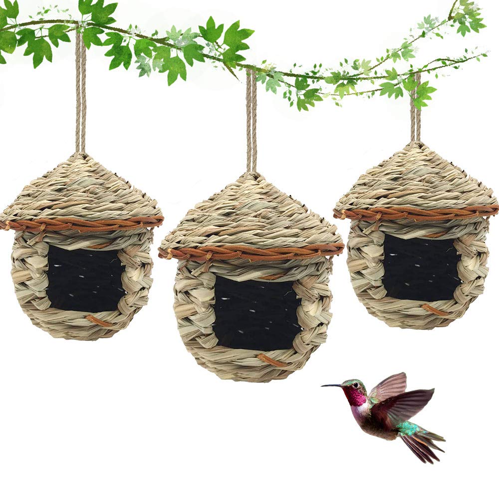 3 Pack Hummingbird House, Hand Woven Bird Nest for Outdoors Hanging, Small Grass Bird Houses for Outside, Natural Fiber Bird Hut Roosting Pocket for Finch Canary Chickadee