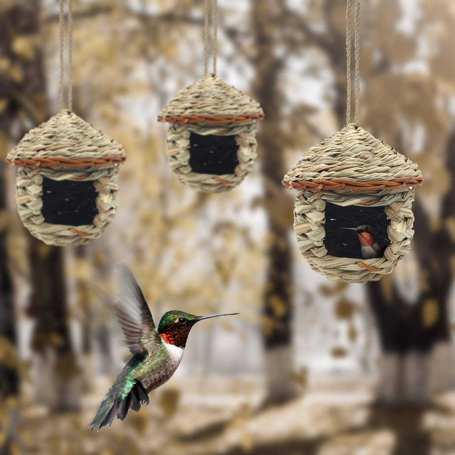 3 Pack Hummingbird House, Hand Woven Bird Nest for Outdoors Hanging, Small Grass Bird Houses for Outside, Natural Fiber Bird Hut Roosting Pocket for Finch Canary Chickadee