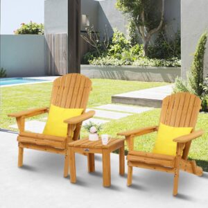 VINGLI Folding Wooden Adirondack Chair Set of 2 and Table Set, Fire Pit Seating Ergonomic Design, Folding Outdoor Patio Lounger Armchair Lawn Chairs Furniture w/Natural Finish, for Beach, Balcony
