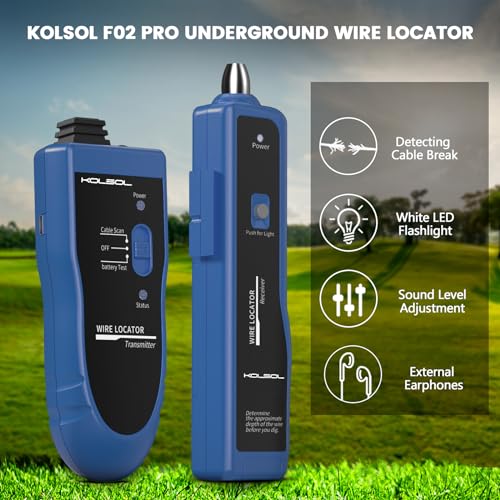 KOLSOL Underground Wire Locator, Cable Tester F02 Pro for Locate Wires, Locate Control Wires Cables Pet Fence Wires, up to 3-4 Feet Deep 2000 Feet Length, Equiped with Rechargeable 1100mAh Battery