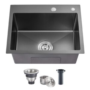 rovogo 20x16x9 in. top mount single bowl kitchen sink with 2 hole, 304 stainless steel handmade drop-in bar prep small sink, black