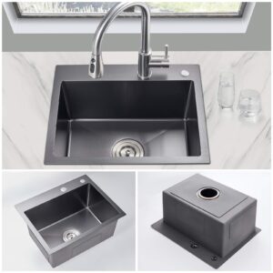 ROVOGO 20x16x9 in. Top Mount Single Bowl Kitchen Sink with 2 Hole, 304 Stainless Steel Handmade Drop-in Bar Prep Small Sink, Black
