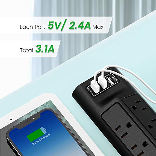 10 Ft Surge Protector Power Strip with USB, 7 Outlets and 3 USB Ports, SUPERDANNY 3-Prong Extension Cord, Wall Mountable for Home Office Dorm, Black