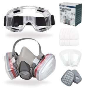 Tesoro Moda Respirator Mask for Spray Painting, Woodworking, Welding, Dust, and General Safety with Clear Eye Goggles, 10 Replacement Filters, Half Face Cover with Safety Glasses