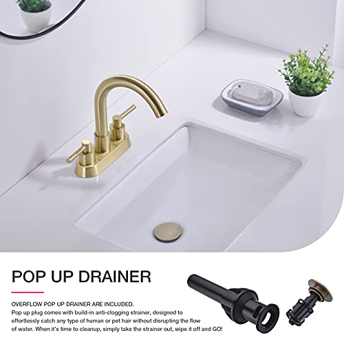 Brushed Gold Bathroom Faucet 2 Handle 4 Inches Centerset Vanity Sink Mixer Tap with Drain Assembly and cUPC Water Supply Lines SUS304 Stainless Steel