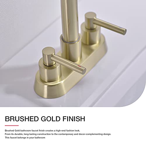 Brushed Gold Bathroom Faucet 2 Handle 4 Inches Centerset Vanity Sink Mixer Tap with Drain Assembly and cUPC Water Supply Lines SUS304 Stainless Steel