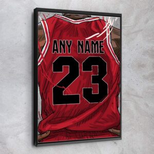 "awesometik" chicago/basketball personalized jersey canvas print, basketball fan, kids decor, man cave gift wall art, office home decor. ready to hang. made in usa