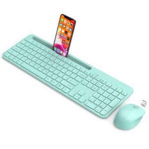 wireless keyboard and mouse combo, wisfox 2.4ghz ergonomic usb keyboard with phone holder, full-size keyboard and mouse set for computer, laptop and desktop(mint green)