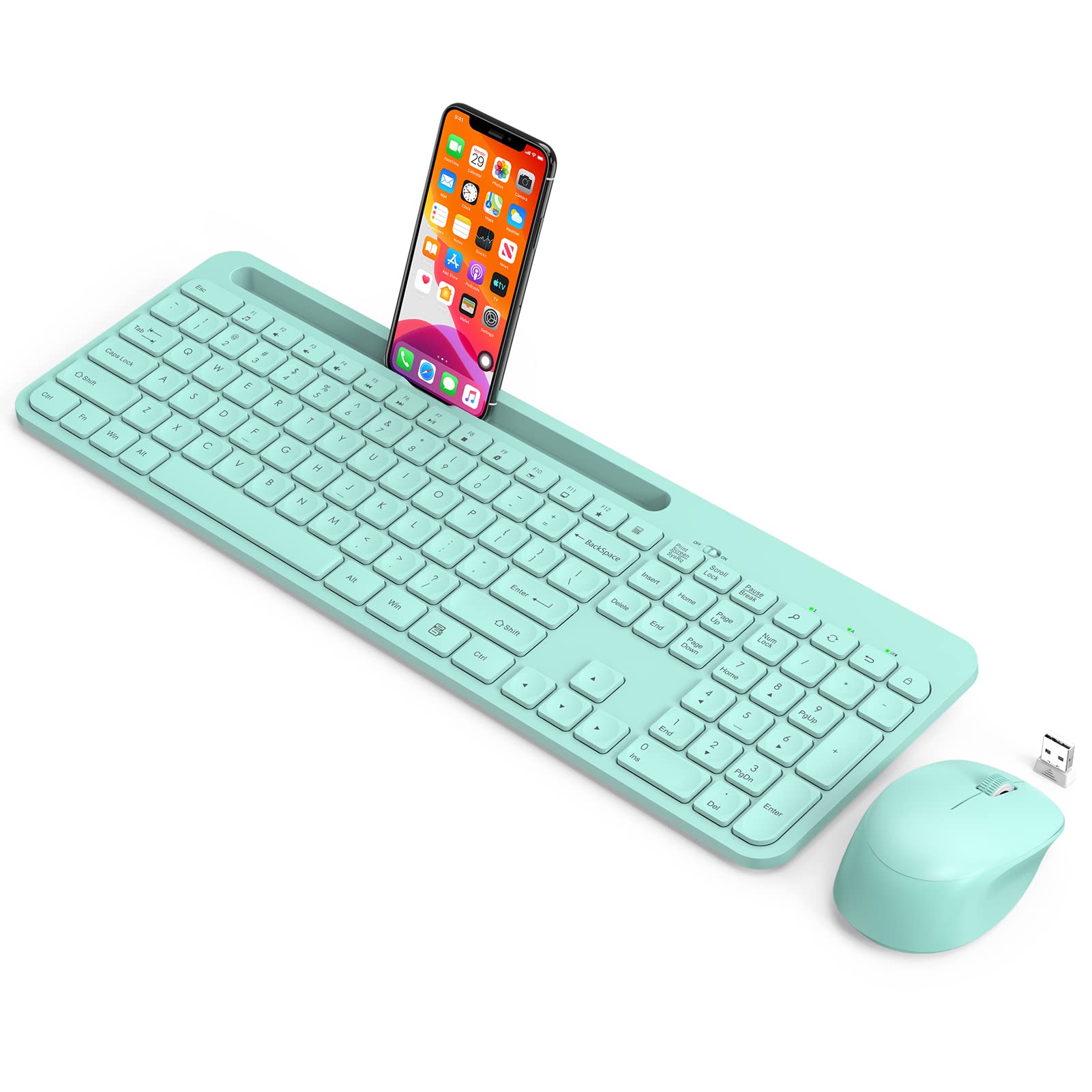 Wireless Keyboard and Mouse Combo, WisFox 2.4GHz Ergonomic USB Keyboard with Phone Holder, Full-Size Keyboard and Mouse Set for Computer, Laptop and Desktop(Mint Green)