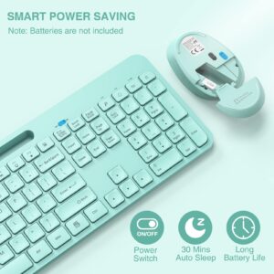 Wireless Keyboard and Mouse Combo, WisFox 2.4GHz Ergonomic USB Keyboard with Phone Holder, Full-Size Keyboard and Mouse Set for Computer, Laptop and Desktop(Mint Green)