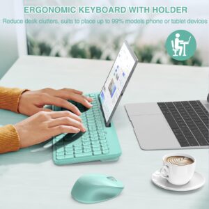 Wireless Keyboard and Mouse Combo, WisFox 2.4GHz Ergonomic USB Keyboard with Phone Holder, Full-Size Keyboard and Mouse Set for Computer, Laptop and Desktop(Mint Green)