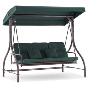 mcombo 3-seat outdoor patio swing chair, adjustable backrest and canopy, porch swing glider chair, w/cushions and pillows, 4068 (green)