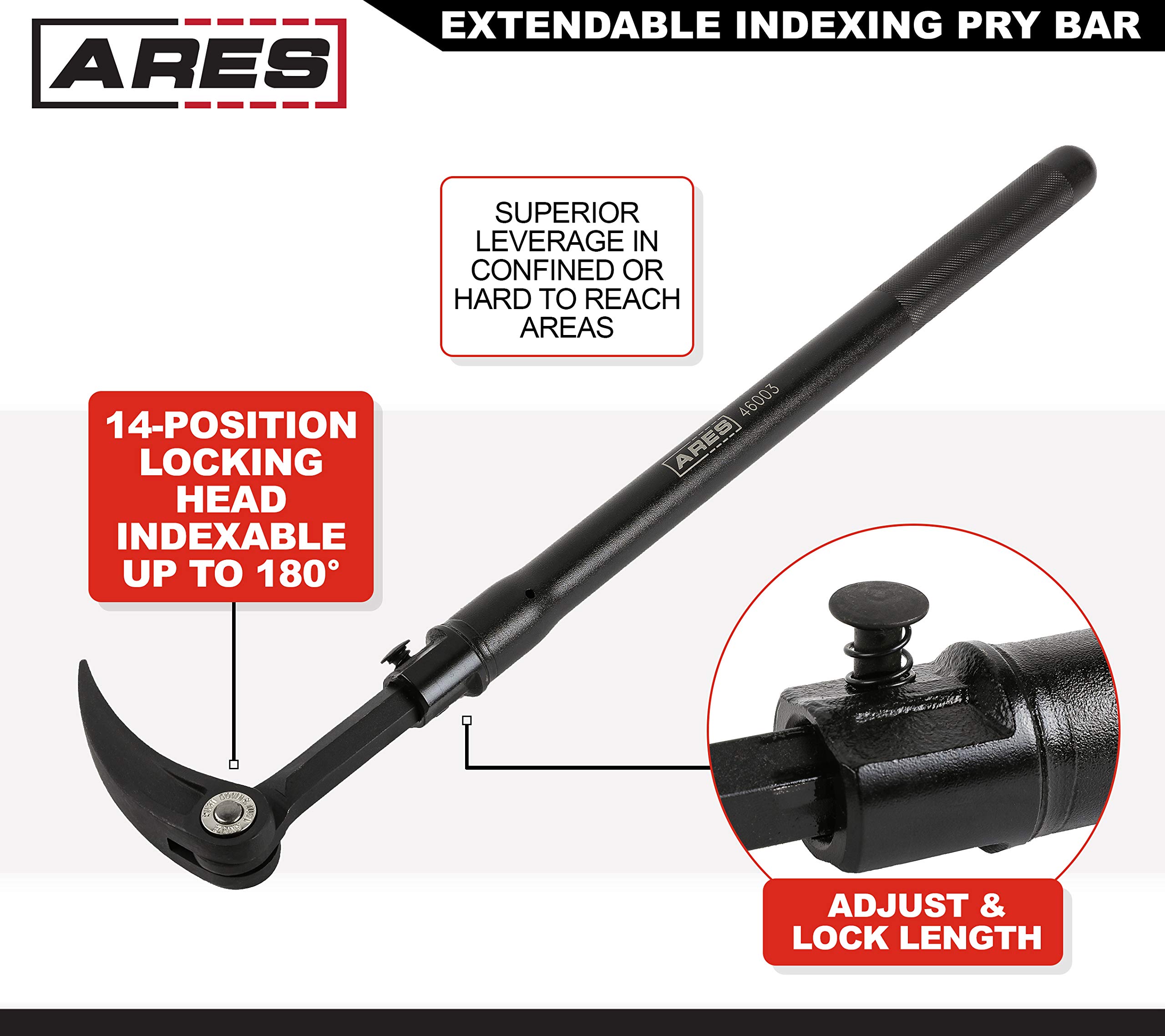 ARES 46003-21-Inch to 33-Inch Extendable Indexing Pry Bar - 14-Position Adjustable Angle Head - High Strength Chrome Vanadium Steel