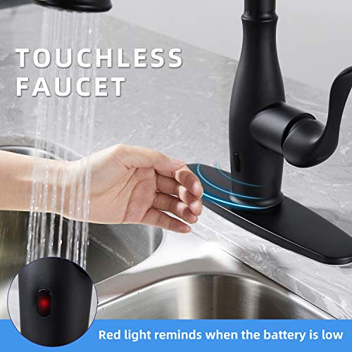 Touchless Kitchen Faucet with Pull Down Sprayer, Single Handle Motion Sensor Kitchen Faucet with 360-Degree Swivel, Matte Black Stainless Steel High Arc Kitchen Faucet with 3 Various Spray Functions