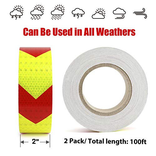 SEVEN SPARTA Arrow Reflective Safety Tape 2 Inch x100 Feet Caution Reflector Waterproof Outdoor Conspicuity Tape for Vehicles, Trailers, Boats, Signs (Red and Yellow)
