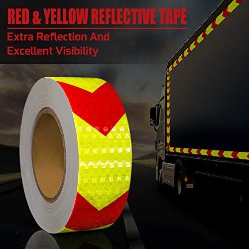 SEVEN SPARTA Arrow Reflective Safety Tape 2 Inch x100 Feet Caution Reflector Waterproof Outdoor Conspicuity Tape for Vehicles, Trailers, Boats, Signs (Red and Yellow)