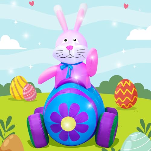 AJY 4Ft Happy Easter Bunny Driving Car Inflatable Blow Up Indoor Outdoor Yard Lawn Decoration