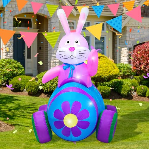 AJY 4Ft Happy Easter Bunny Driving Car Inflatable Blow Up Indoor Outdoor Yard Lawn Decoration