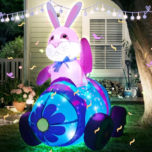 AJY 4Ft Happy Easter Bunny Driving Car Inflatable Blow Up Indoor Outdoor Yard Lawn Decoration