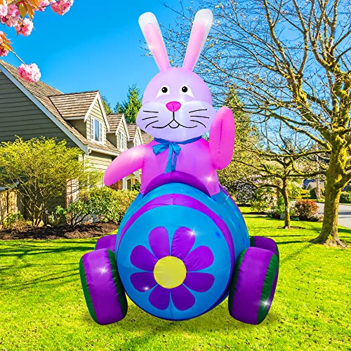 AJY 4Ft Happy Easter Bunny Driving Car Inflatable Blow Up Indoor Outdoor Yard Lawn Decoration