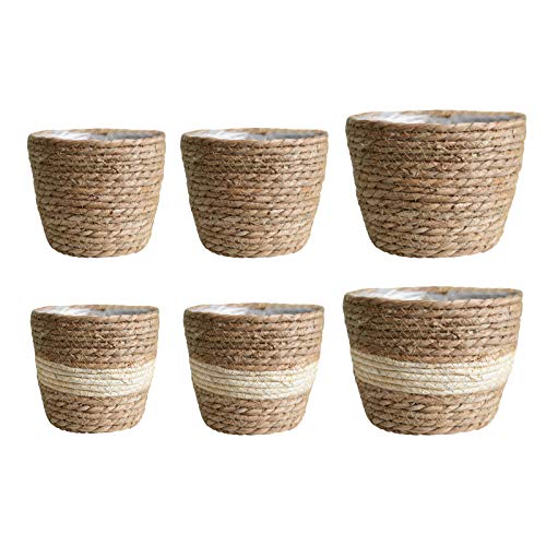 SANGDA Seagrass Planters, Cover Storage Basket Containers Hand Woven Straw Pot with Plastic Liners for Indoor Outdoor Plant, Flower