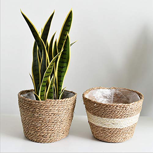 SANGDA Seagrass Planters, Cover Storage Basket Containers Hand Woven Straw Pot with Plastic Liners for Indoor Outdoor Plant, Flower