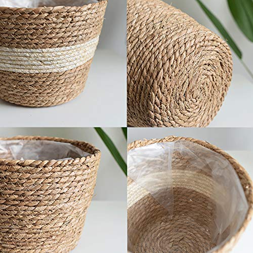 SANGDA Seagrass Planters, Cover Storage Basket Containers Hand Woven Straw Pot with Plastic Liners for Indoor Outdoor Plant, Flower