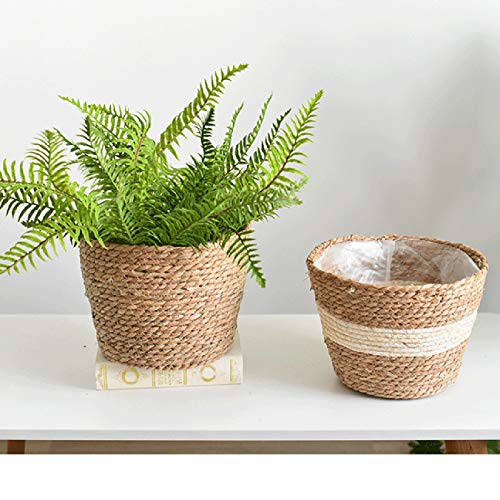 SANGDA Seagrass Planters, Cover Storage Basket Containers Hand Woven Straw Pot with Plastic Liners for Indoor Outdoor Plant, Flower