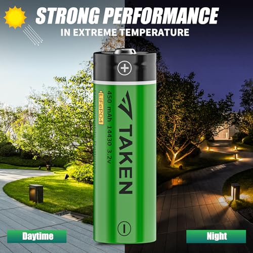 Taken 14430 3.2 Volt Rechargeable Solar Battery, 3.2V 450mAh 14430 LiFePO4 Rechargeable Battery for Solar Panel Outdoor Garden Lights (NOT AA Battery) - 8 Pack