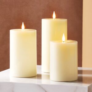 lamplust realistic flameless candles with remote - set of 3, batteries included, real wax, 3d flickering led flame, 3 inch diameter pillar candles for mantel decor, valentine & wedding decorations