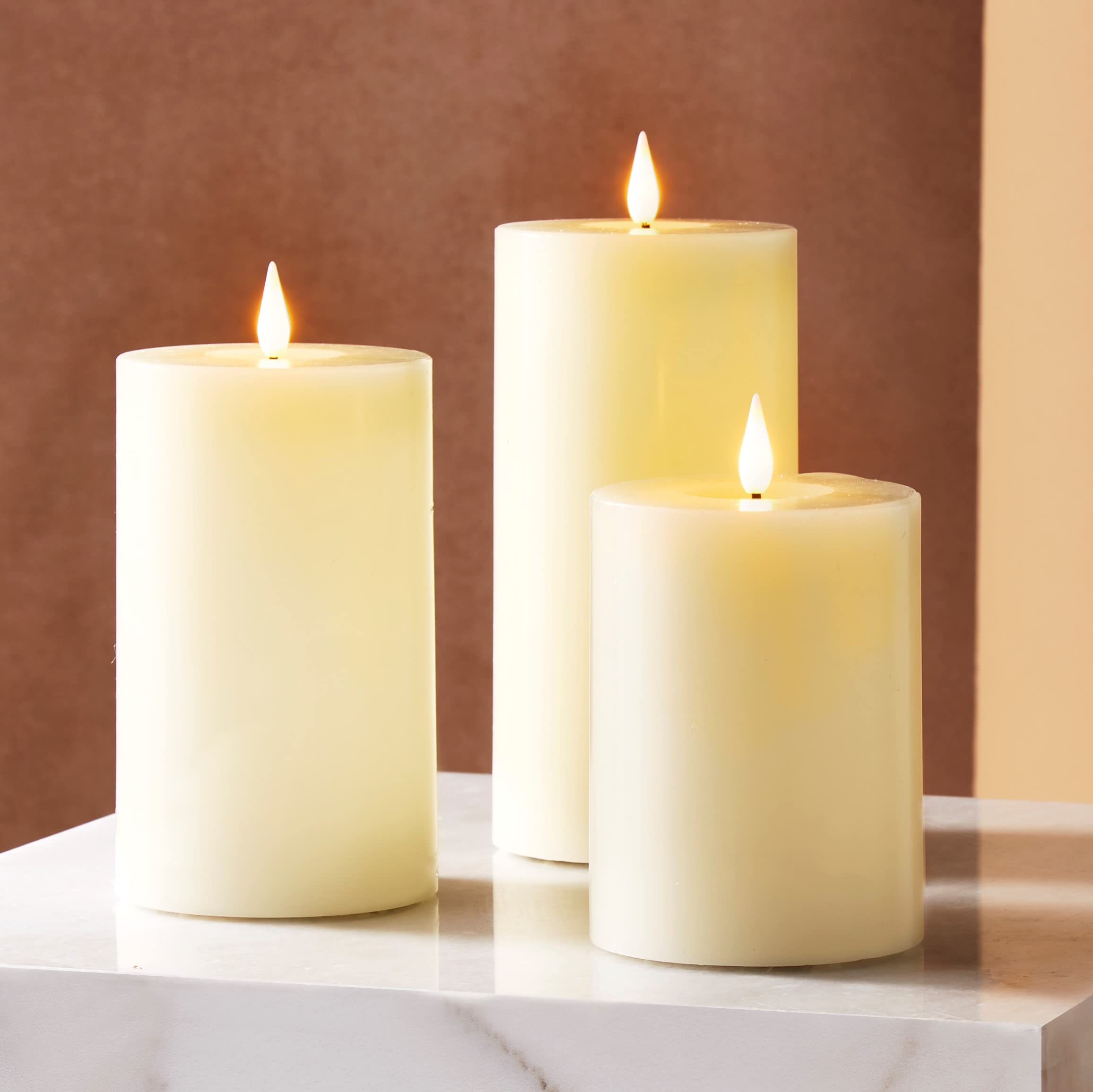 LampLust Realistic Flameless Candles with Remote - Set of 3, Batteries Included, Real Wax, 3D Flickering LED Flame, 3 Inch Diameter Pillar Candles for Mantel Decor, Valentine & Wedding Decorations