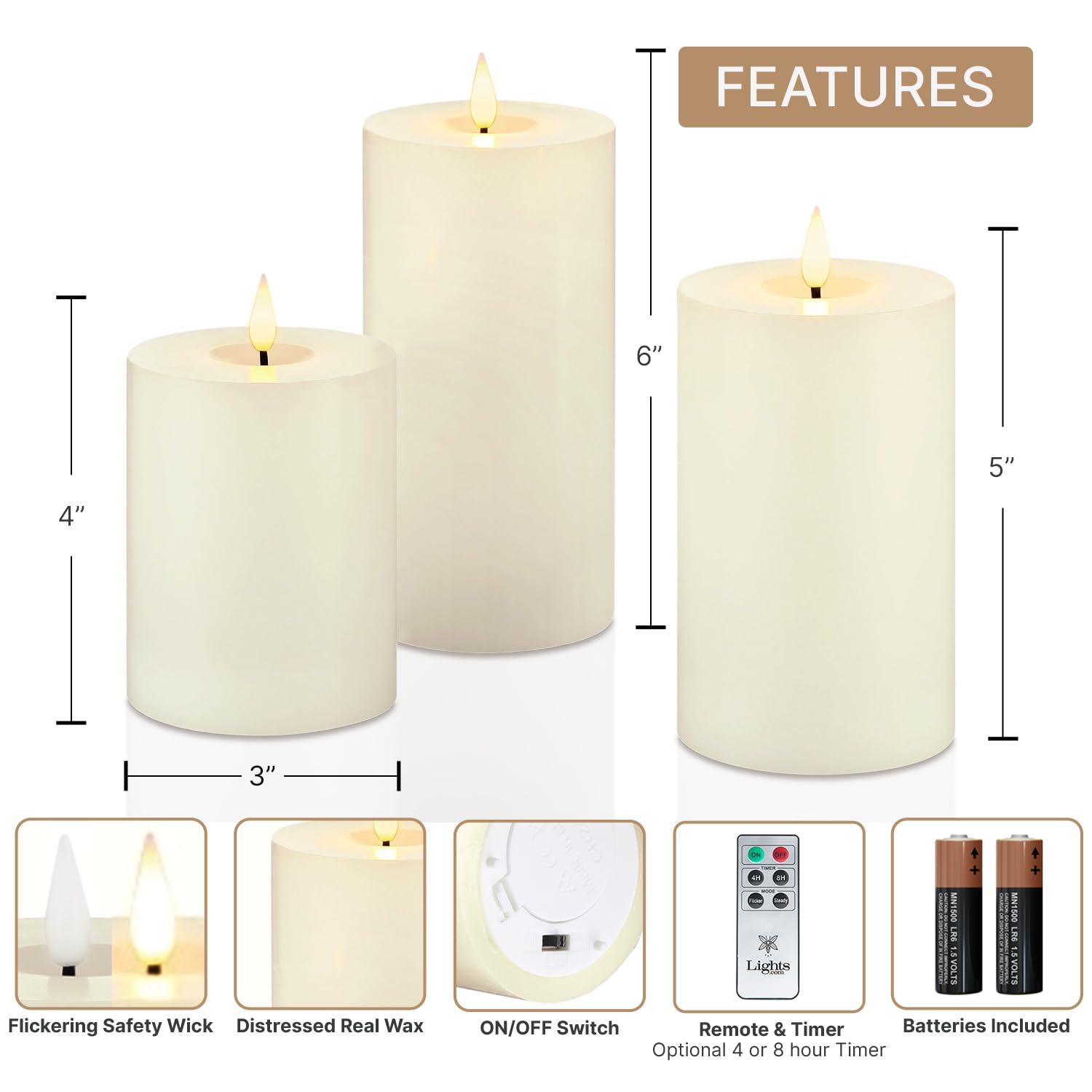 LampLust Realistic Flameless Candles with Remote - Set of 3, Batteries Included, Real Wax, 3D Flickering LED Flame, 3 Inch Diameter Pillar Candles for Mantel Decor, Valentine & Wedding Decorations