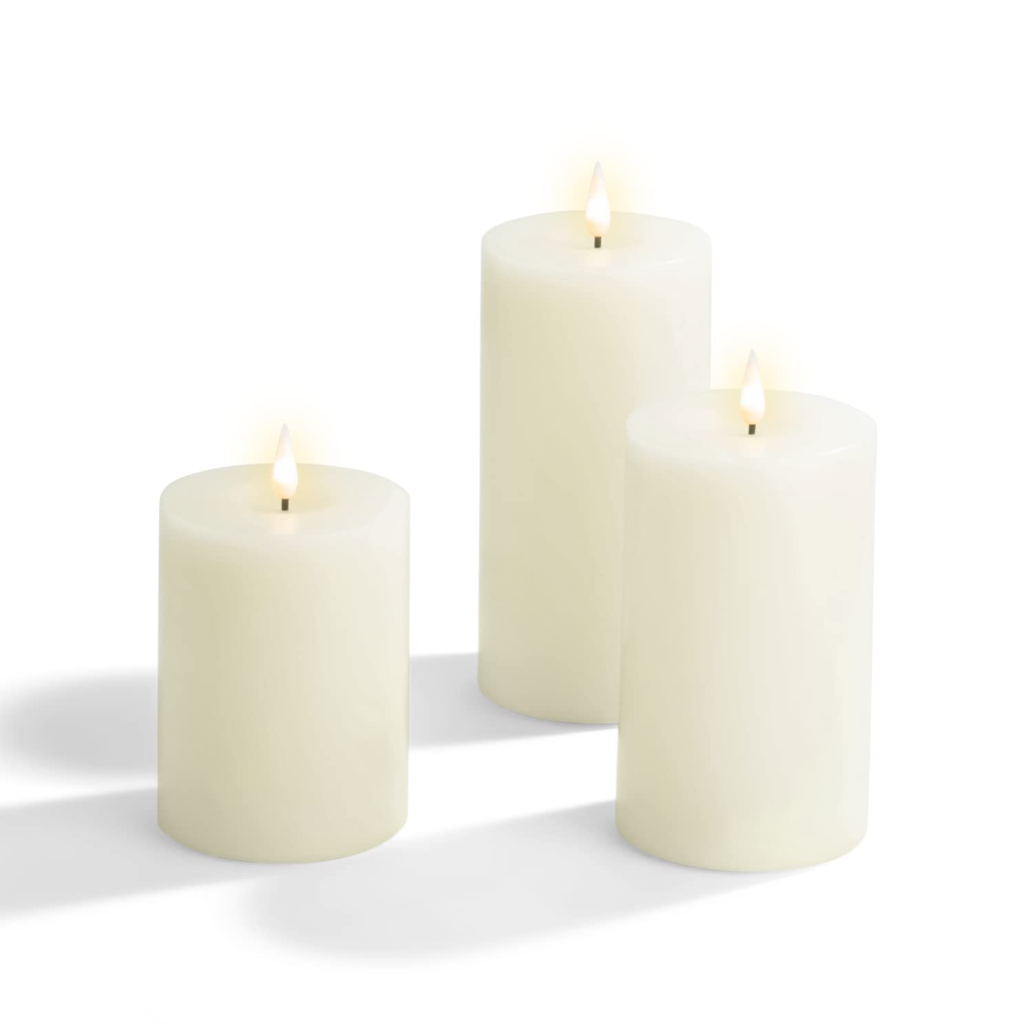 LampLust Realistic Flameless Candles with Remote - Set of 3, Batteries Included, Real Wax, 3D Flickering LED Flame, 3 Inch Diameter Pillar Candles for Mantel Decor, Valentine & Wedding Decorations
