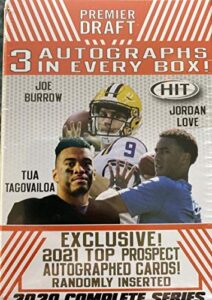 2020 sage football low & high complete series hit premier draft factory sealed blaster box (73 cards: 50 base cards, 20 exclusive parallels and 3 autographs chase autographed rookie cards of joe burrow, tua tagovailoa, and even 2021 draft class players am