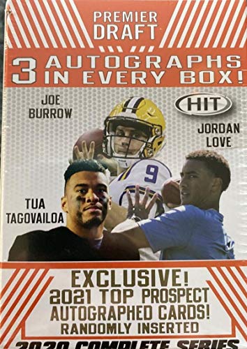 2020 SAGE FOOTBALL LOW & HIGH COMPLETE SERIES HIT PREMIER DRAFT Factory Sealed BLASTER BOX (73 Cards: 50 base cards, 20 exclusive parallels and 3 AUTOGRAPHS Chase autographed rookie cards of Joe Burrow, Tua Tagovailoa, and even 2021 Draft Class Players Am