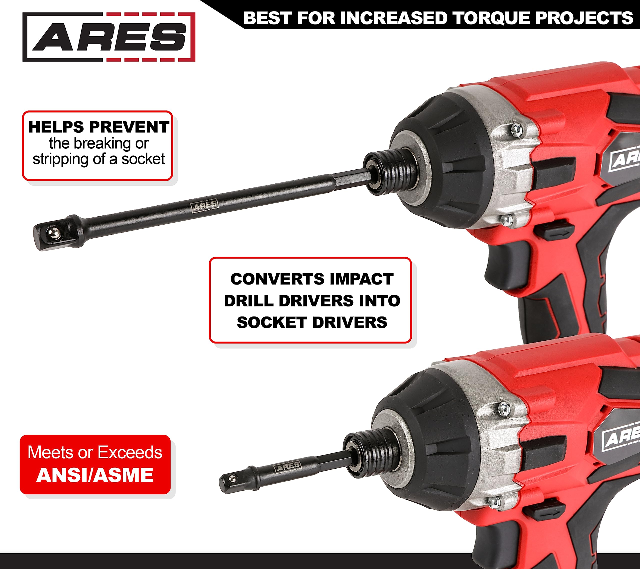 ARES 70382-6-Piece 3-Inch and 6-Inch Impact Grade Socket Adapter Set - Turns Impact Drill Driver into High Speed Socket Driver - 1/4-Inch, 3/8-Inch, and 1/2-Inch Drive Sizes