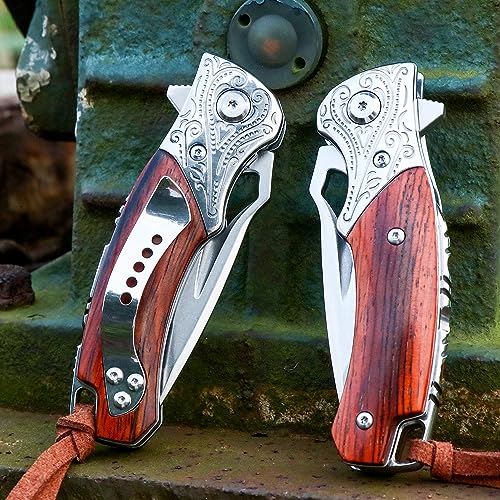FORESAIL Folding pocket Knife,M390 Blade and Rosewood Handle Outdoor Folding Knife Ball Bearing, with Pocket Clip for Camping Hiking Travel EDC Tool