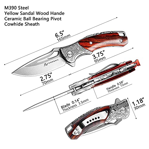 FORESAIL Folding pocket Knife,M390 Blade and Rosewood Handle Outdoor Folding Knife Ball Bearing, with Pocket Clip for Camping Hiking Travel EDC Tool