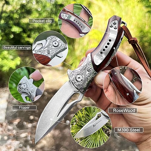 FORESAIL Folding pocket Knife,M390 Blade and Rosewood Handle Outdoor Folding Knife Ball Bearing, with Pocket Clip for Camping Hiking Travel EDC Tool