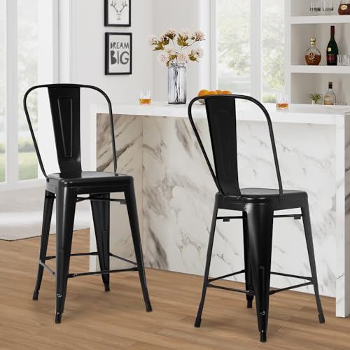 Metal Bar Stool Set of 4 Counter Height Barstool with Back 24 Inches Seat Height Industrial Bar Chairs Patio Stool Stackable Modern Kitchen Stool Indoor Outdoor Metal Bar Stool Kitchen Stools (Black)