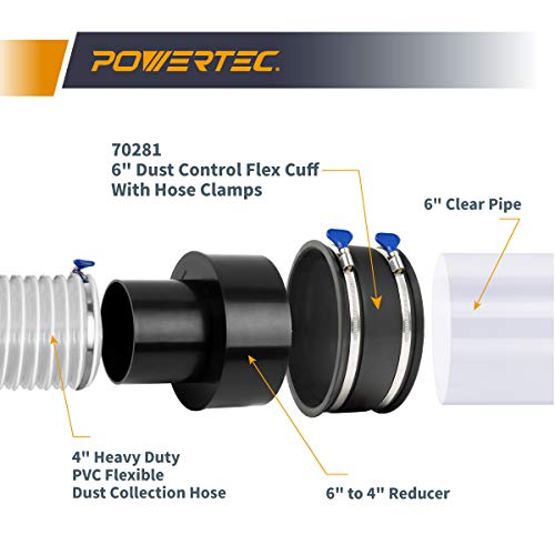 POWERTEC 70281 6 Inch Dust Control Flex Cuff with Adjustable Key Hose Clamps, Hose Connector Rubber Cuff Coupler for Woodworking Dust Collection Fittings, Dust Collector Accessories & Machinery, 1pk